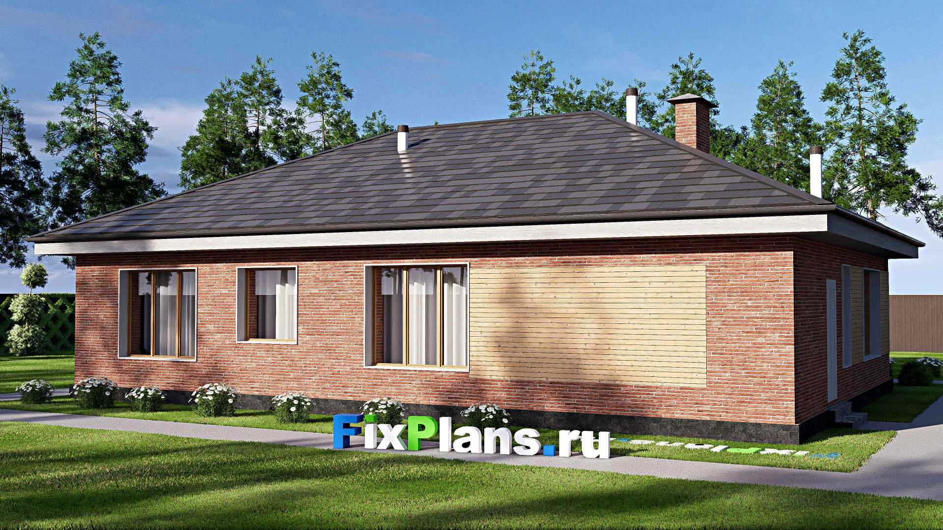 F-19079 - План одноэтажного дома 12 на 16, площадью 130 м² с 3 спальнями