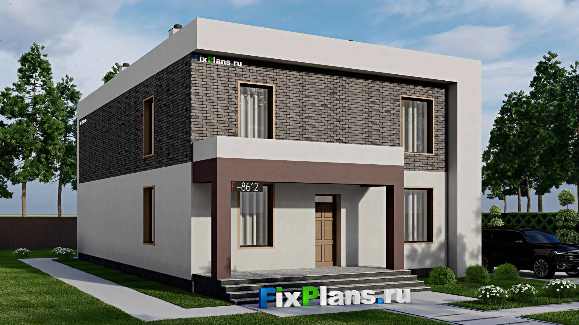 F-8612 - Проект двухэтажного дома 12 на 19, площадью 290 м² с террасой, балконом и 7 спальнями