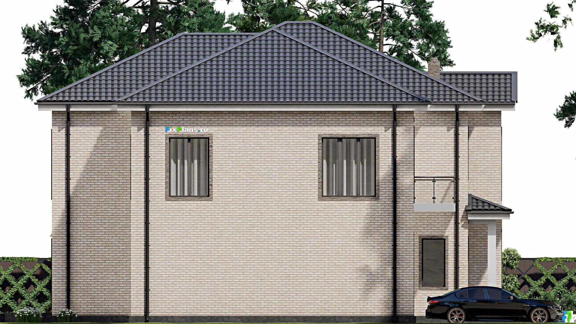 F-5507 - Планы двухэтажного дома 17 на 25, площадью 500 м² с террасой, балконом, гаражом на 2 машины и 4 спальнями