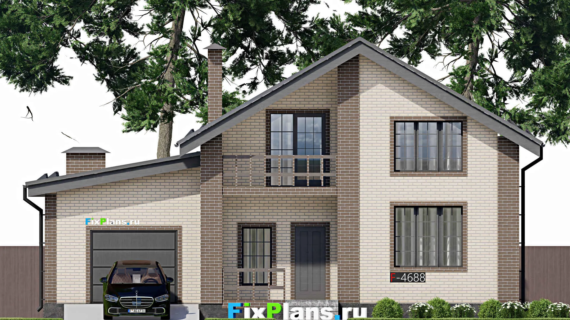 F-4688 - Планы дома с мансардой 12 на 14, площадью 200 м² с террасой, балконом, гаражом на 1 машину и 3 спальнями