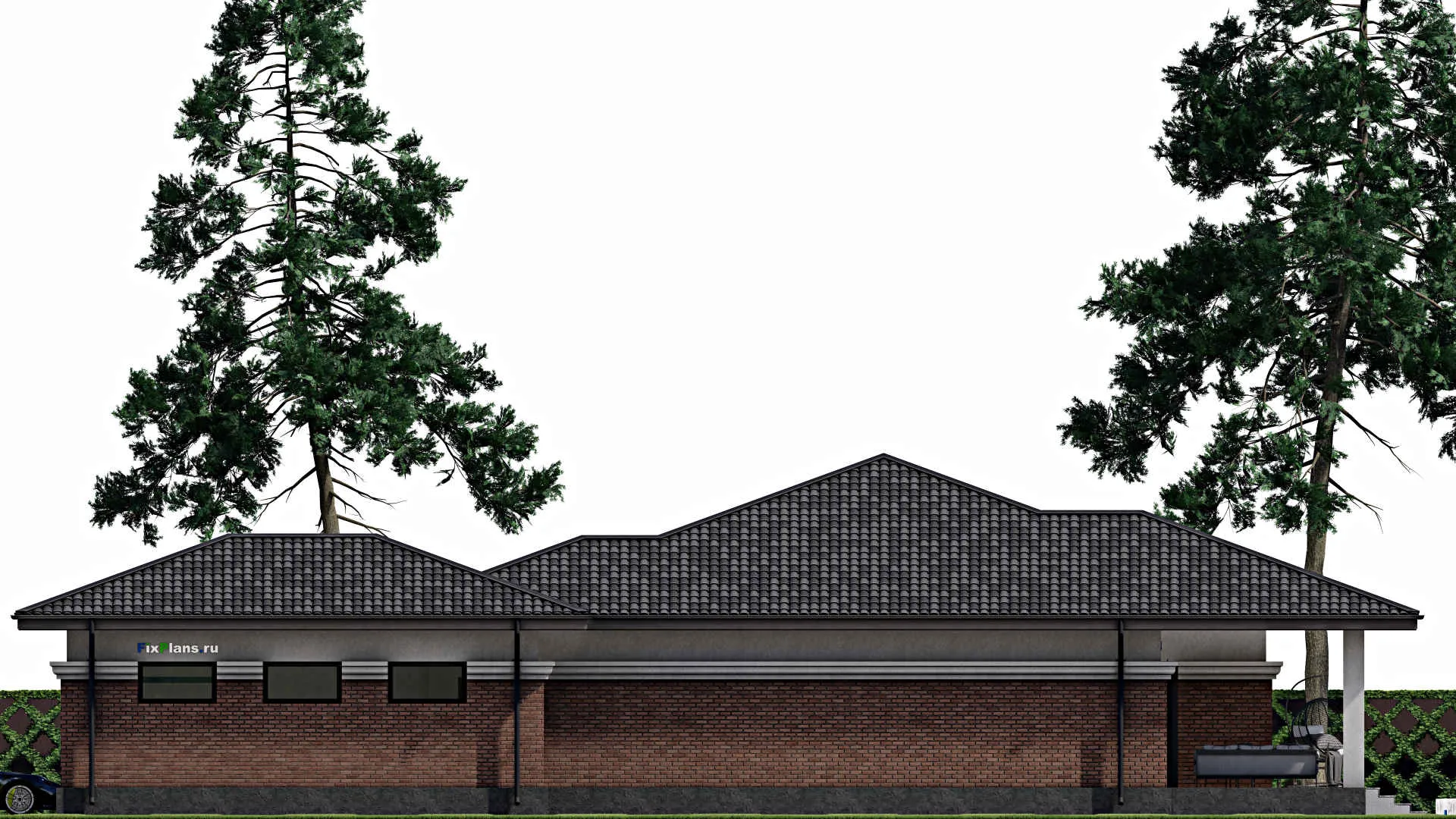 F-1808 - План одноэтажного дома 21 на 24, площадью 270 м² с террасой, гаражом на 2 машины и 4 спальнями