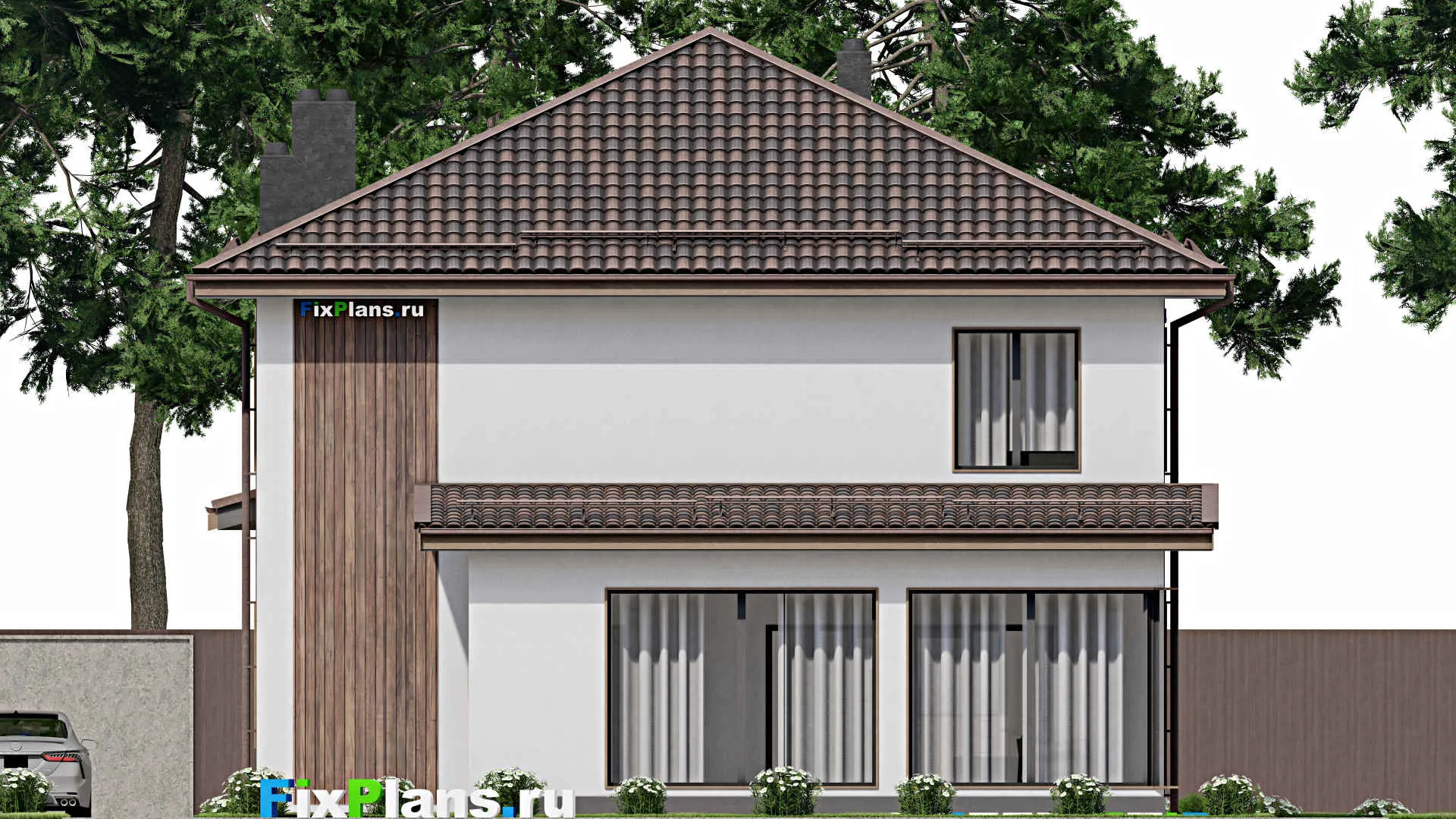 F-3941 - Проект двухэтажного дома 12 на 17, площадью 230 м² с террасой, баней и 4 спальнями