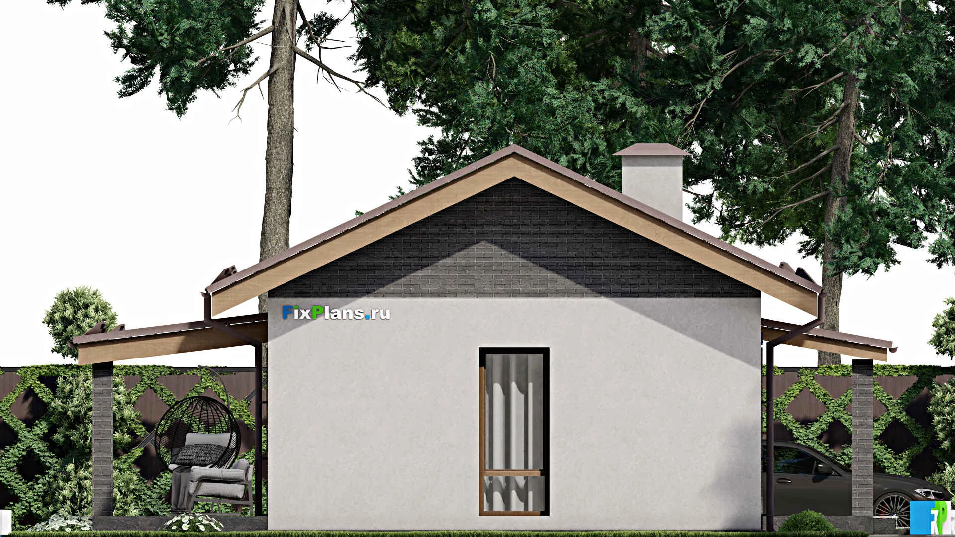 F-7622 - Проект одноэтажного дома 12 на 14, площадью 120 м² с террасой и 3 спальнями