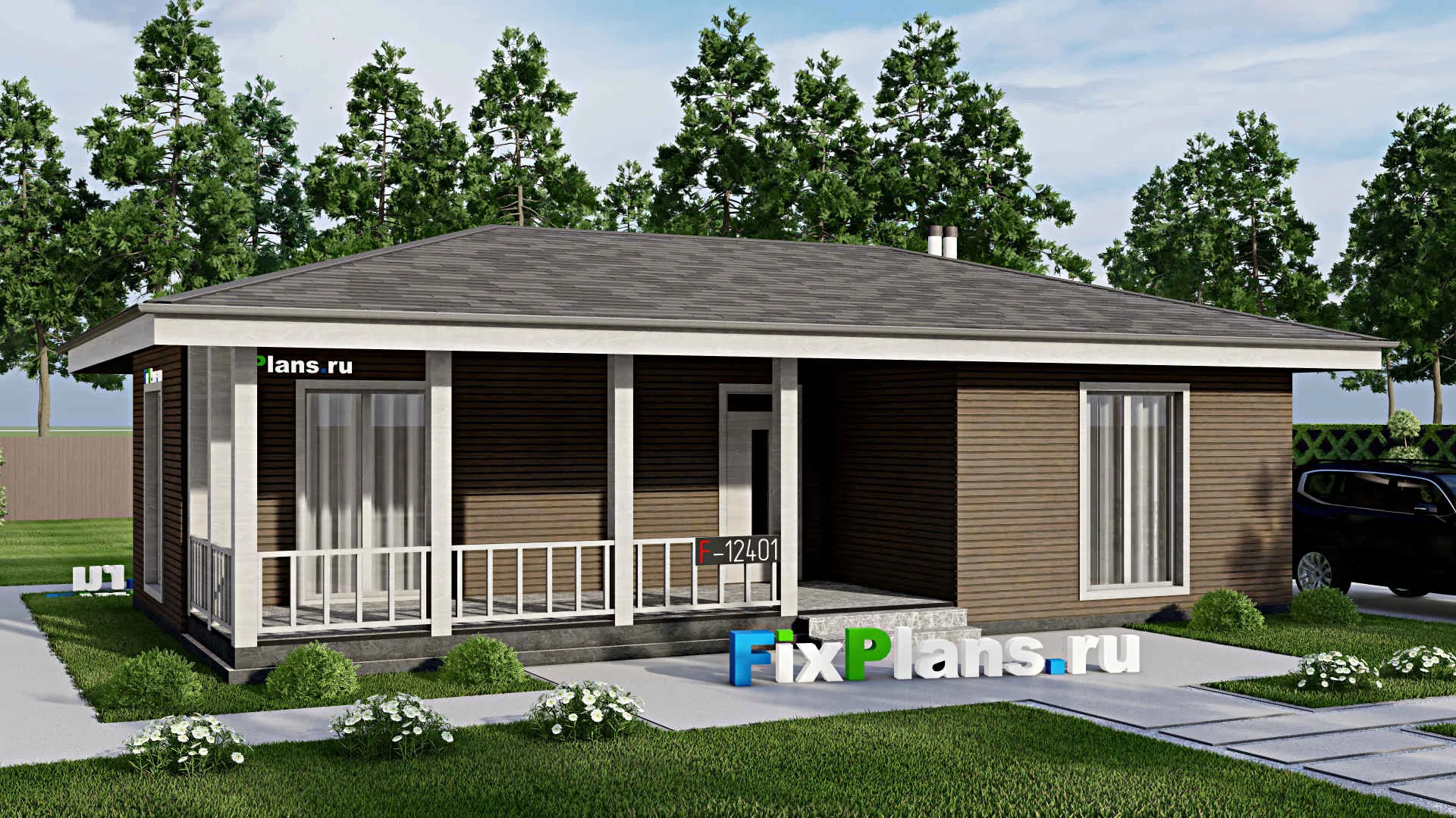 F-12401 - Проект бани 8 на 13, площадью 80 м² с комнатой отдыха, терассой, санузлом и спальней