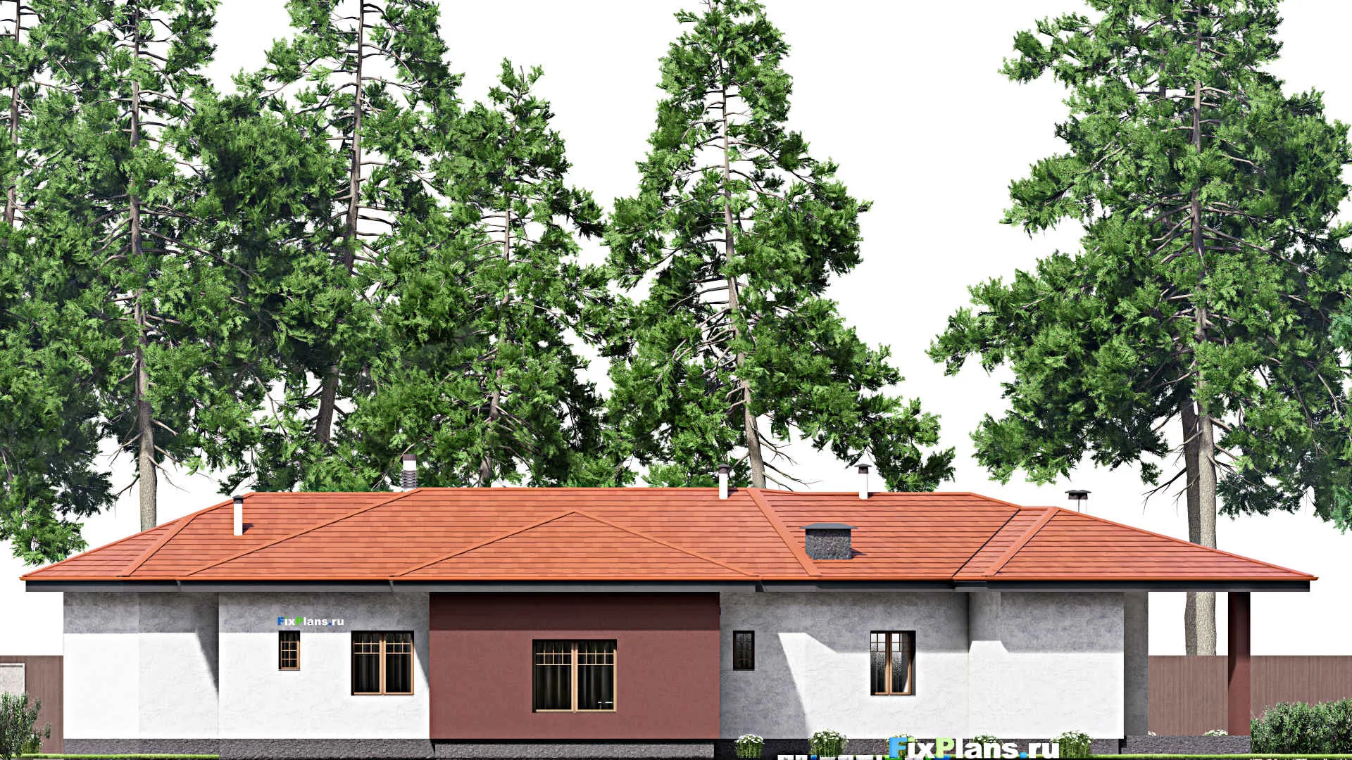 F-15209 - Проект одноэтажного дома 22 на 28, площадью 300 м² с террасой и 4 спальнями