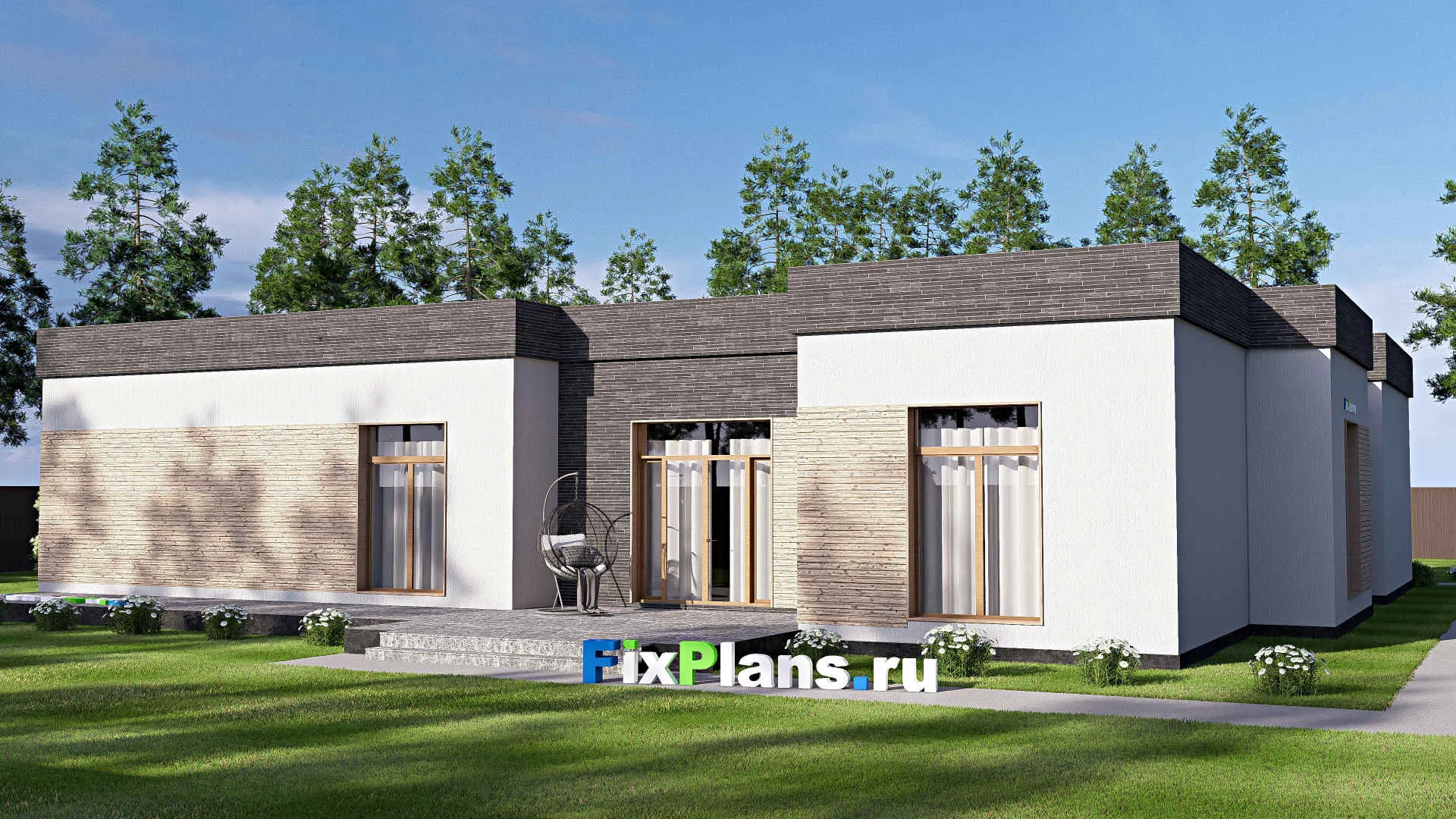 F-20114 - Проект одноэтажного дома 23 на 23, площадью 400 м² с террасой, гаражом на 2 машины и 3 спальнями