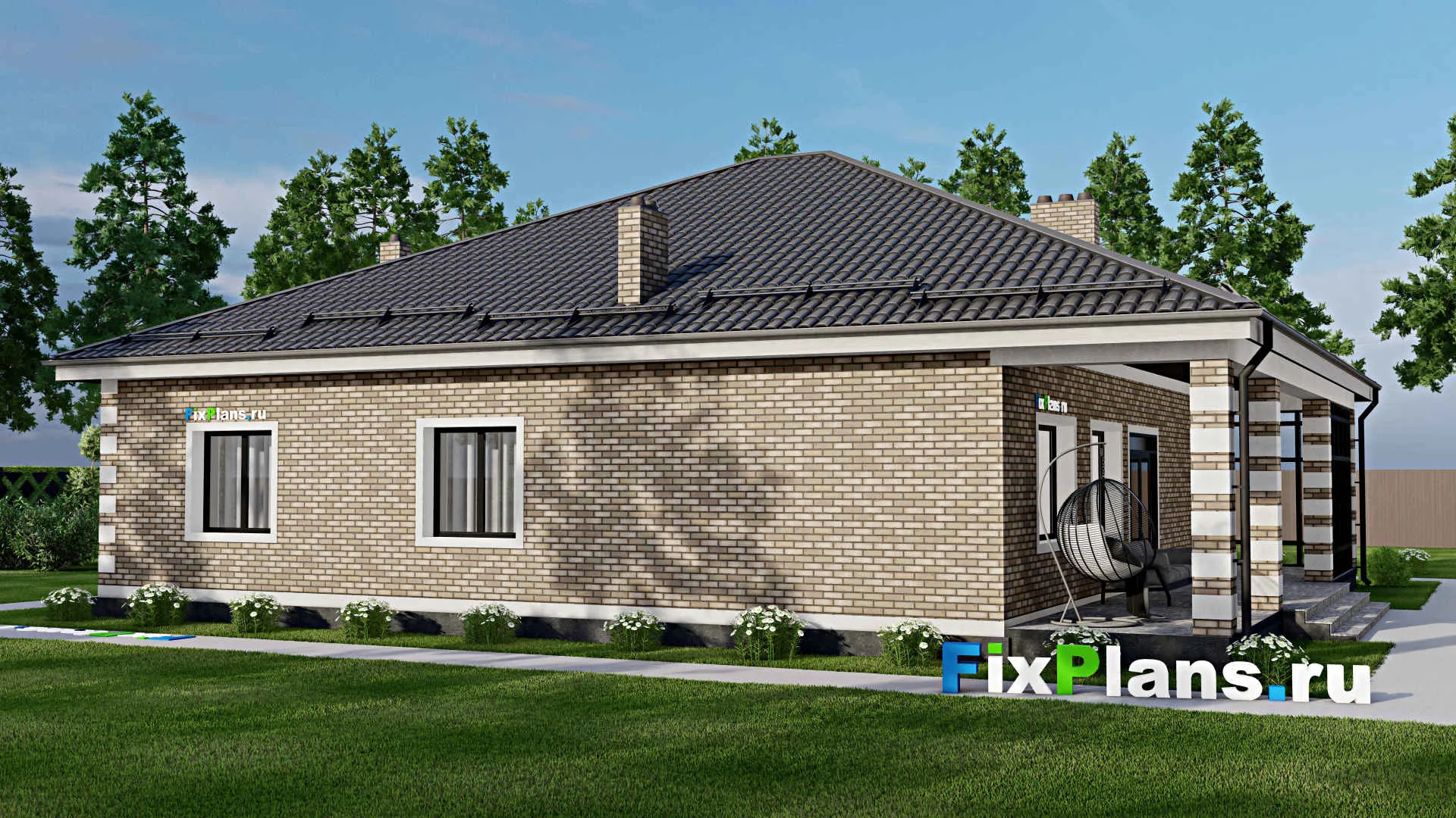 F-2420 - План одноэтажного дома 15 на 16, площадью 220 м² с террасой и 3 спальнями