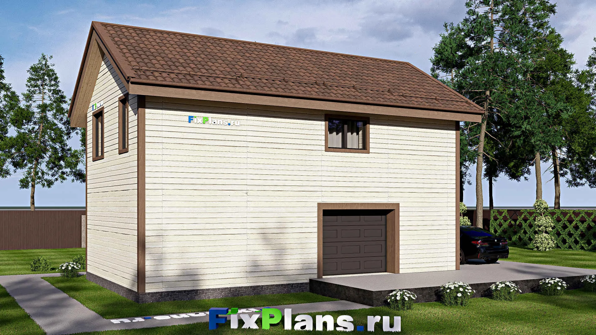 F-17459 - Проект дома с мансардой 7 на 12, площадью 110 м² с гаражом на 2 машины и 1 спальнями