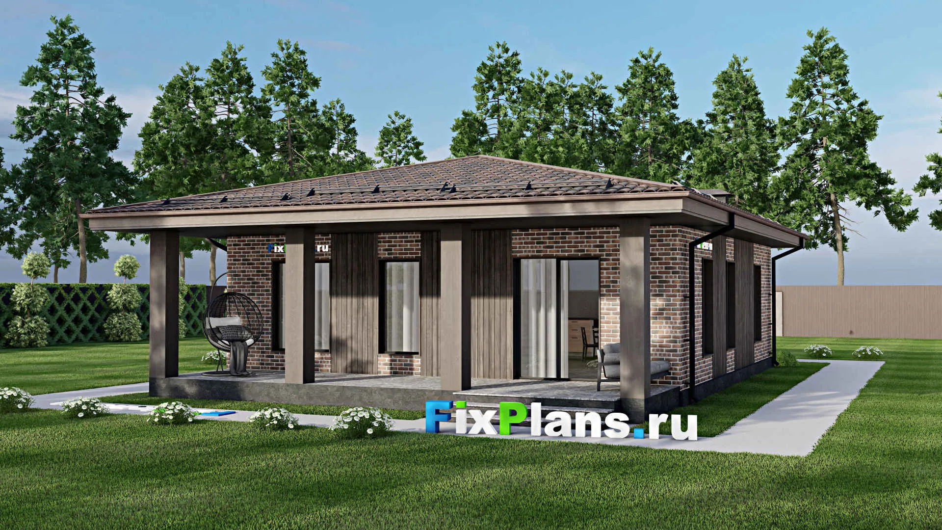 F-4112 - Проект одноэтажного дома 11 на 11, площадью 130 м² с террасой и 3 спальнями