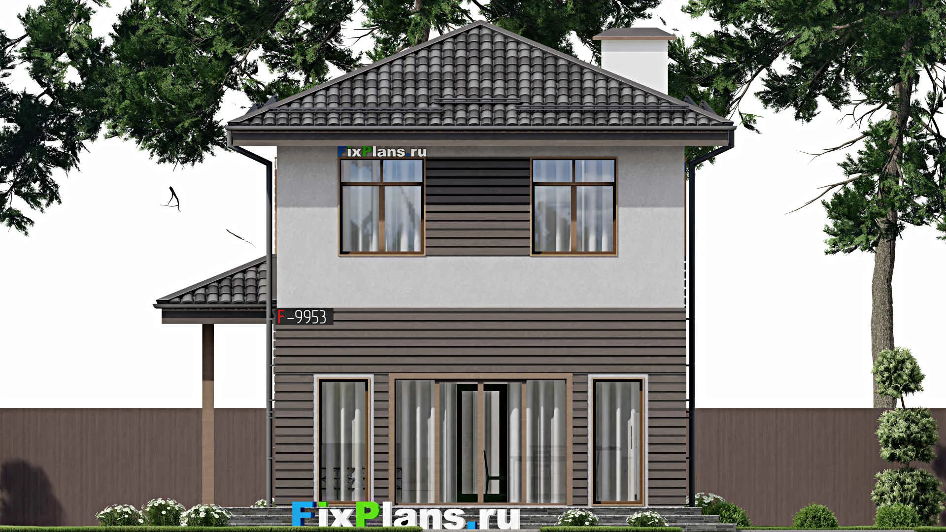 F-9953 - Проект двухэтажного дома 9 на 13, площадью 140 м² с террасой и 6 спальнями