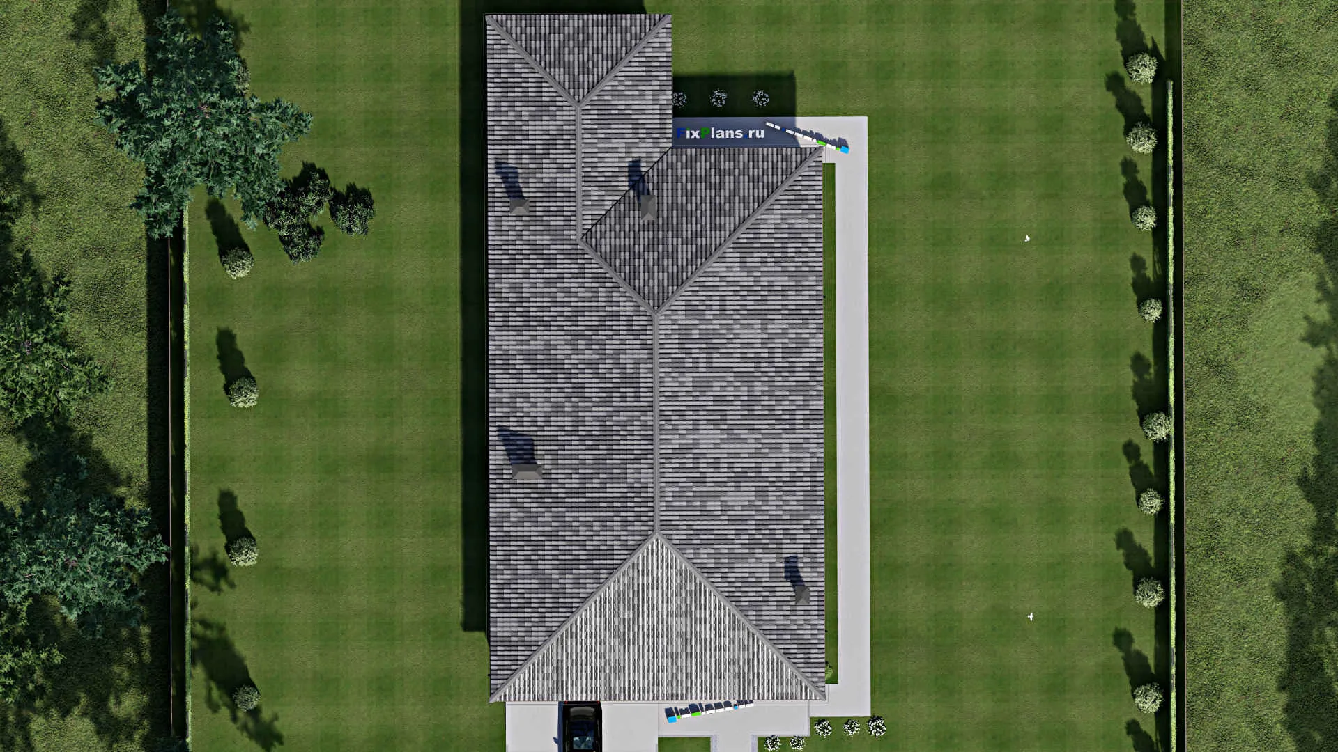 F-6506 - Проект одноэтажного дома 15 на 31, площадью 330 м² с террасой, гаражом на 2 машины и 3 спальнями