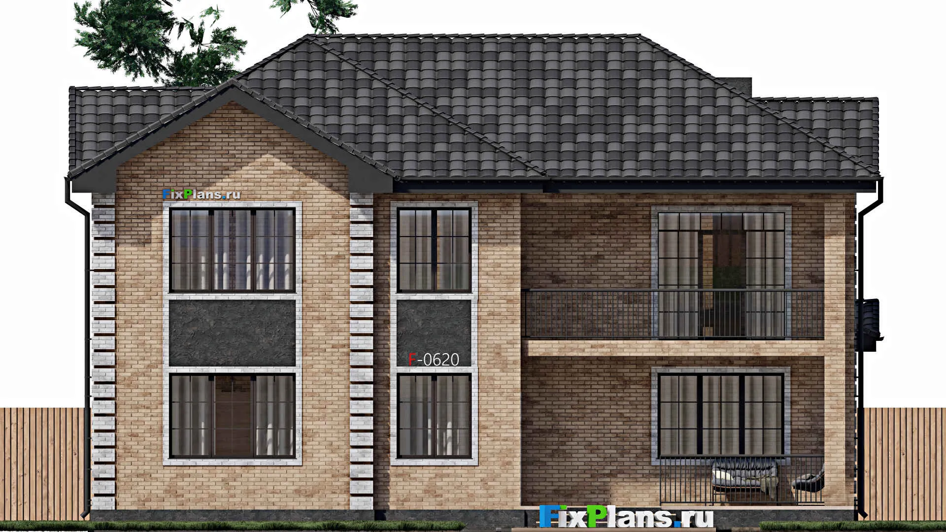 F-0620 - Проект двухэтажного дома 13 на 15, площадью 270 м² с террасой, балконом, гаражом на 1 машину и 4 спальнями