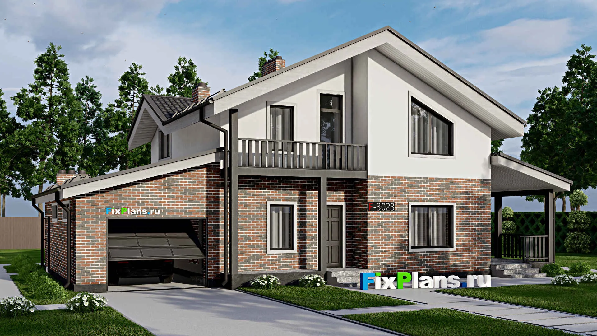 F-3023 - Проект дома с мансардой 10 на 16, площадью 200 м² с террасой, гаражом на 1 машину и 4 спальнями