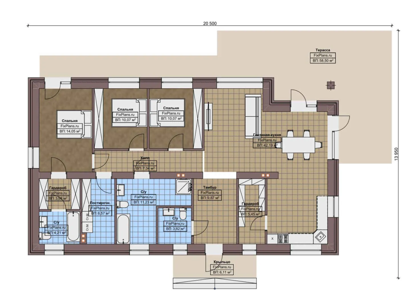F-10862 - План одноэтажного дома 14 на 21, площадью 200 м² с террасой и 3 спальнями