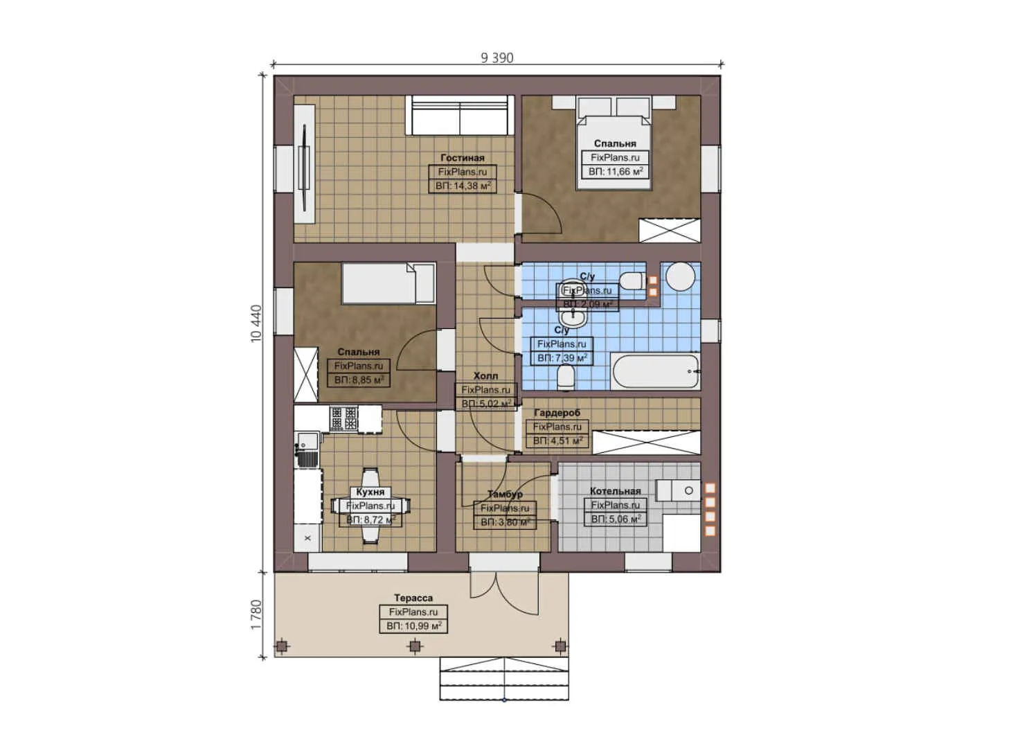 F-2987 - План одноэтажного дома 10 на 11, площадью 90 м² с террасой и 2 спальнями