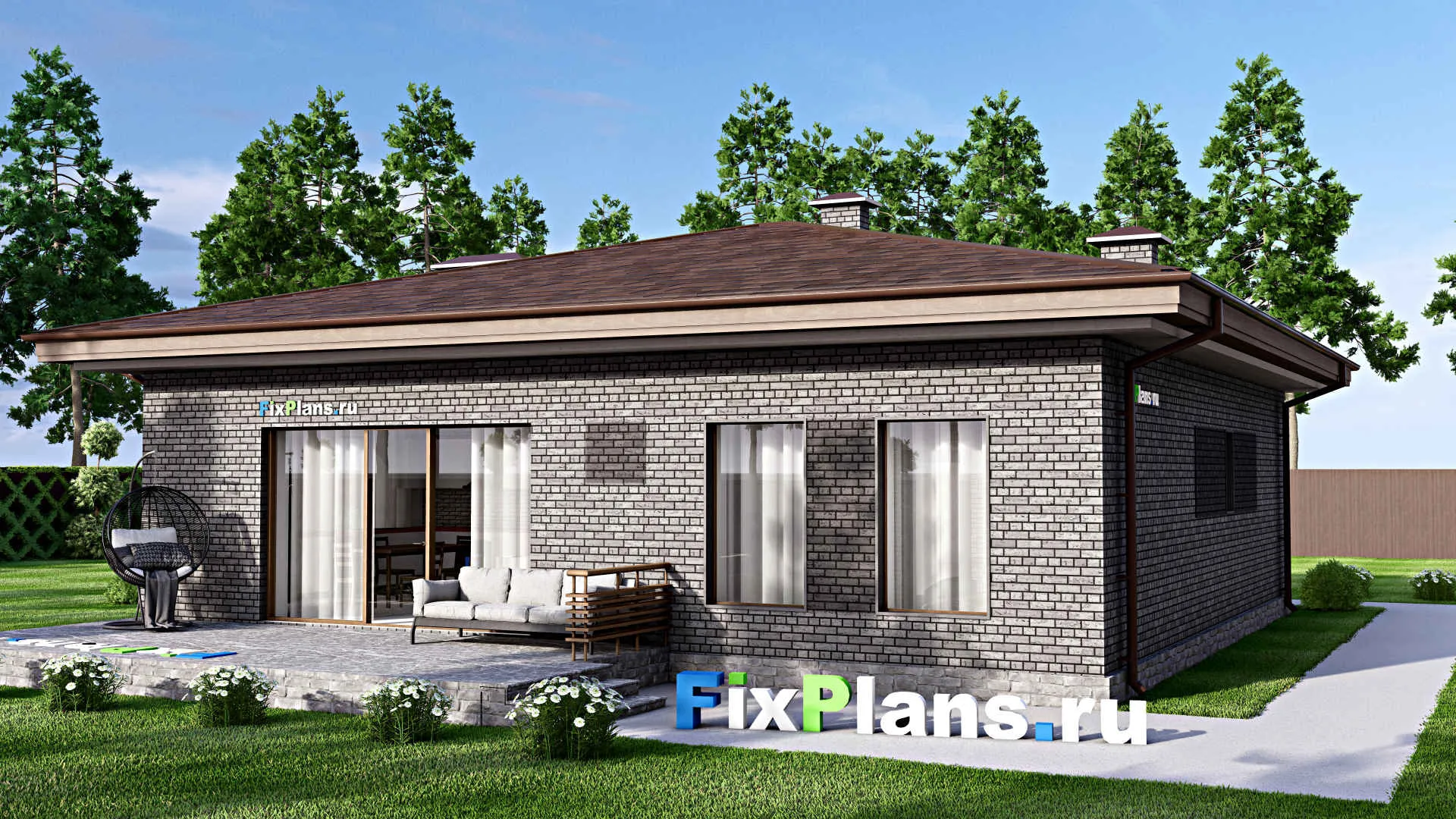 F-14111 - Проект одноэтажного дома 13 на 17, площадью 160 м² с террасой и 3 спальнями