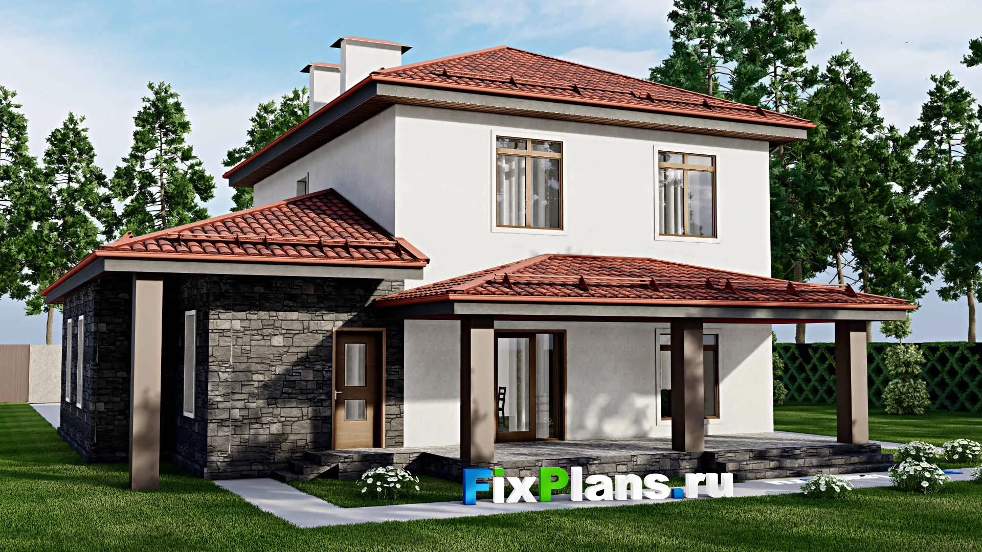 F-4247 - Проект двухэтажного дома 15 на 16, площадью 200 м² с террасой, гаражом на 1 машину и 4 спальнями