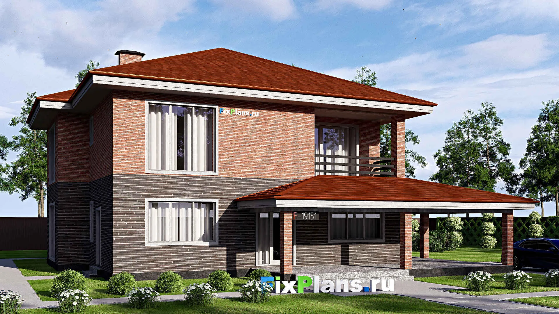 F-19151 - Проект двухэтажного дома 17 на 18, площадью 330 м² с террасой, балконом и 5 спальнями