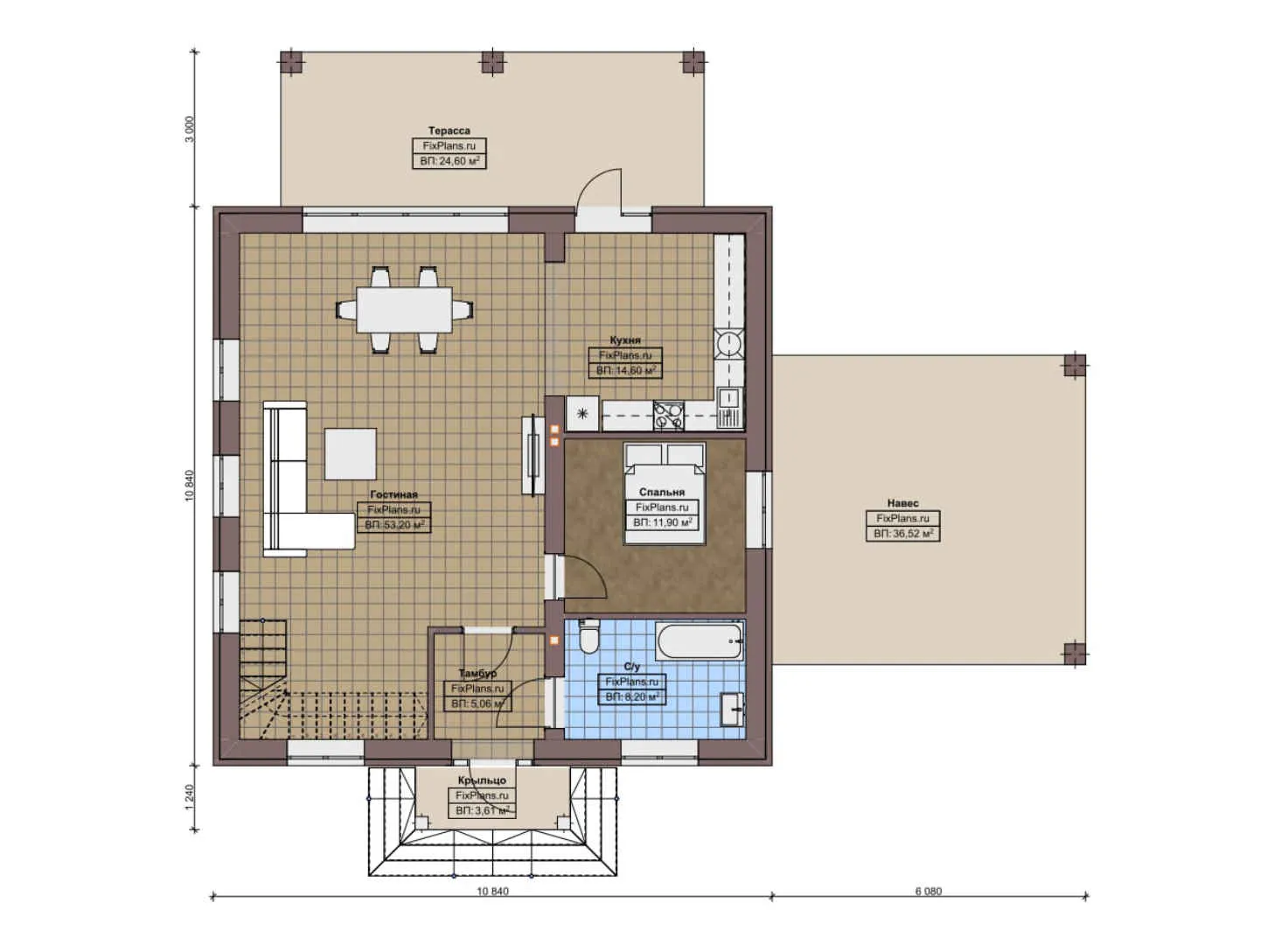 F-8252 - Планы дома с мансардой 11 на 11, площадью 250 м² с террасой, навесом для машины и 5 спальнями