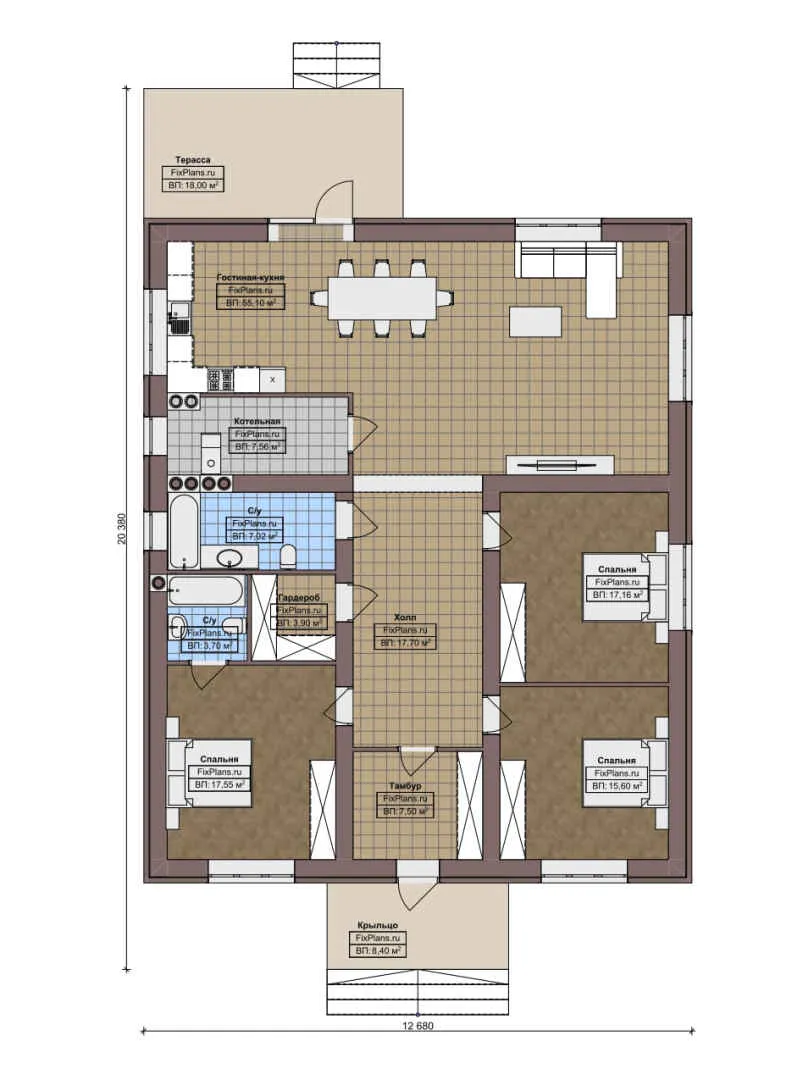 F-8585 - План одноэтажного дома 13 на 21, площадью 180 м² с террасой и 3 спальнями