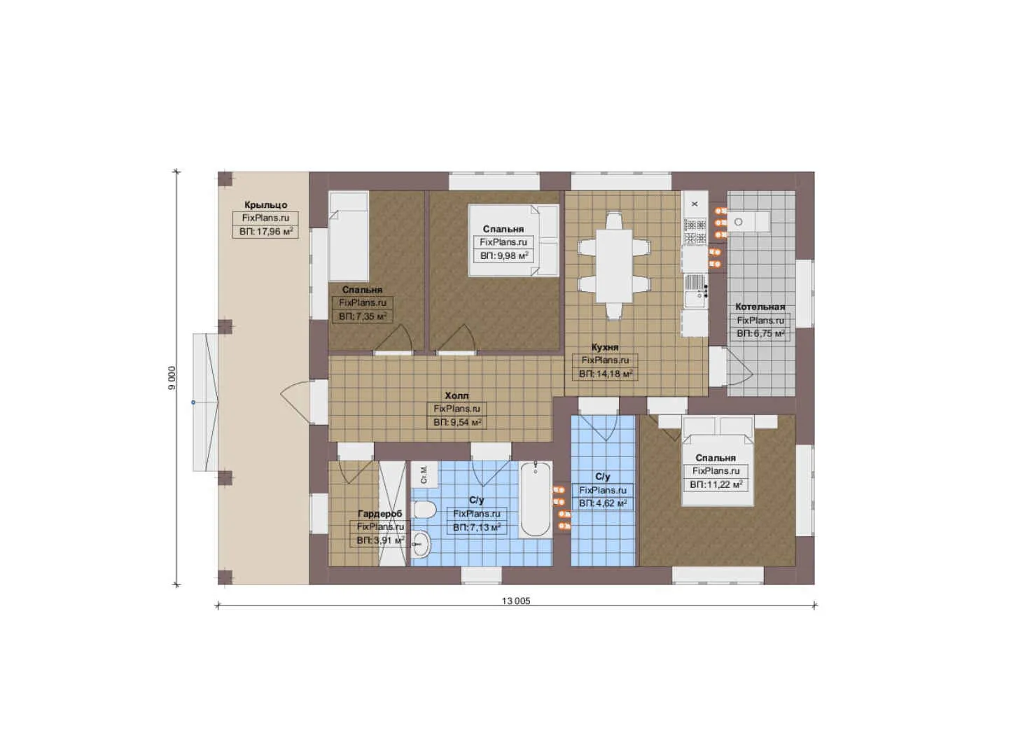 F-13715 - План одноэтажного дома 9 на 14, площадью 100 м² с 3 спальнями