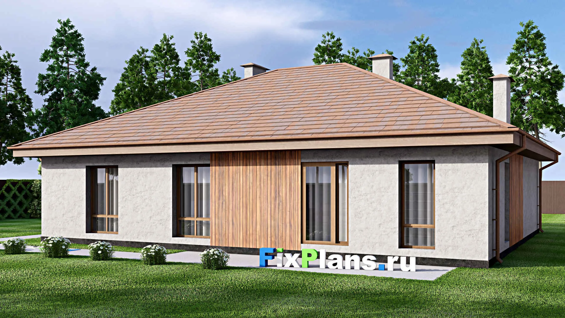 F-12212 - План одноэтажного дома 15 на 16, площадью 170 м² с гаражом на 2 машины и 3 спальнями