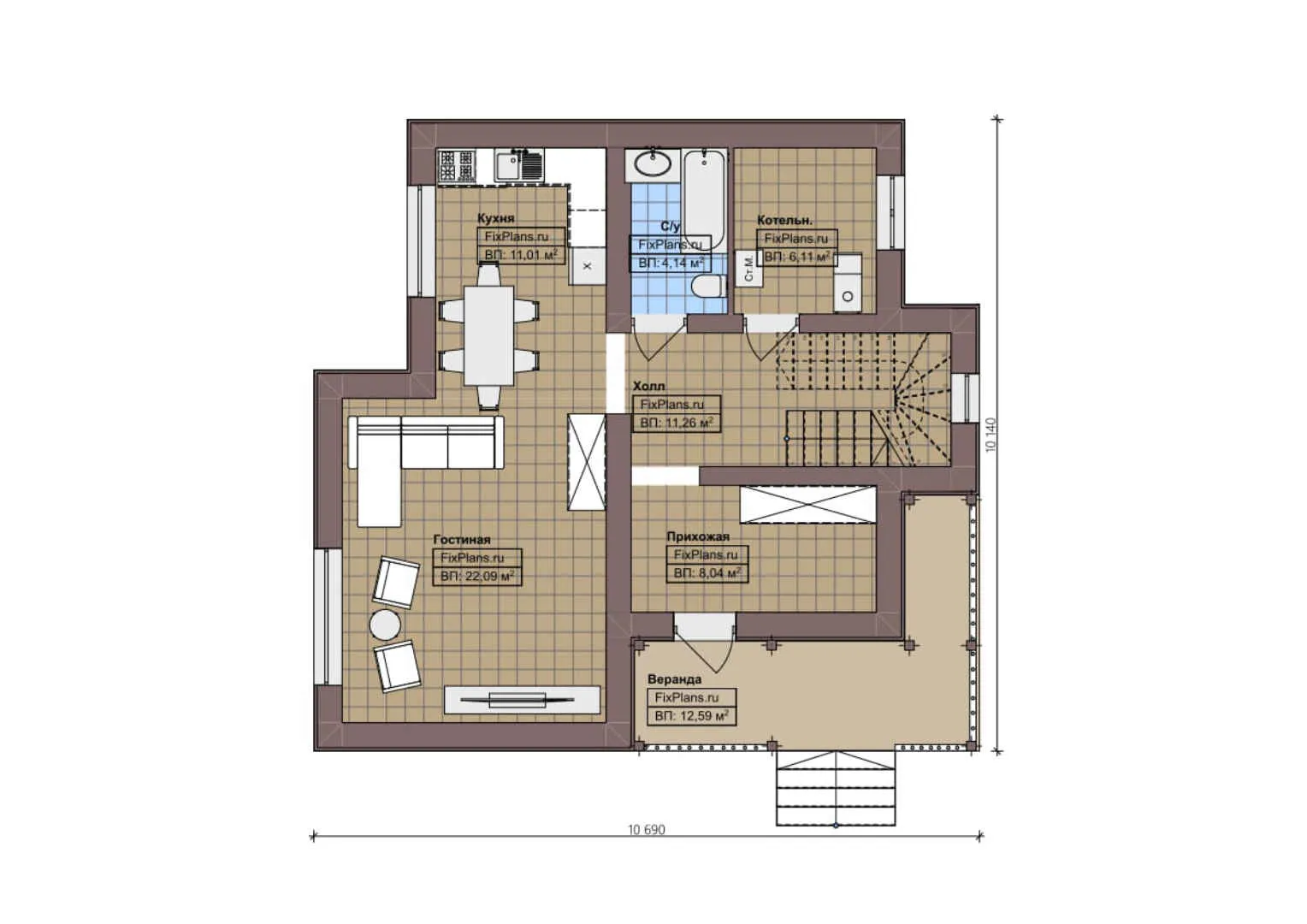 F-1295 - Планы двухэтажного дома 11 на 11, площадью 150 м² с террасой и 3 спальнями