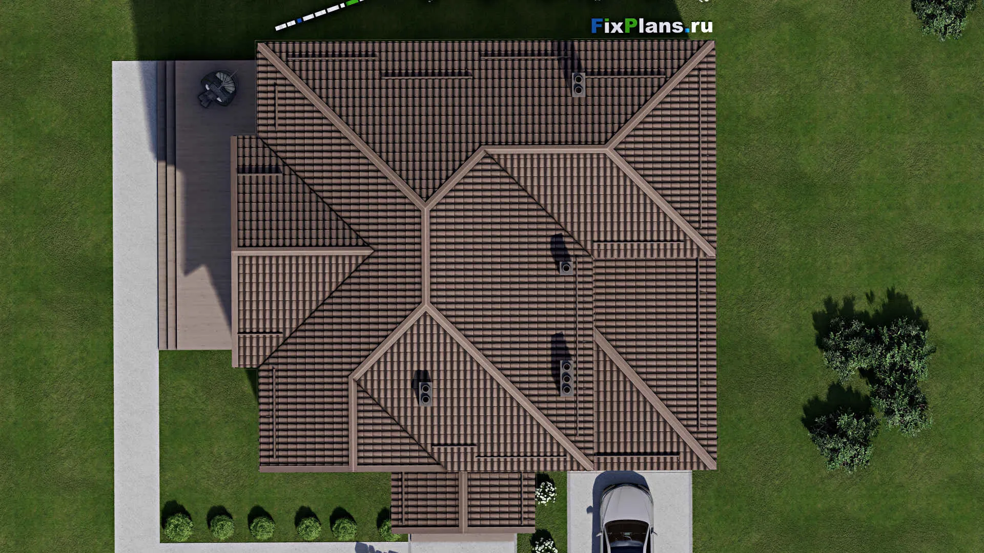 F-2537 - Проект двухэтажного дома 14 на 15, площадью 300 м² с террасой, гаражом на 1 машину и 5 спальнями