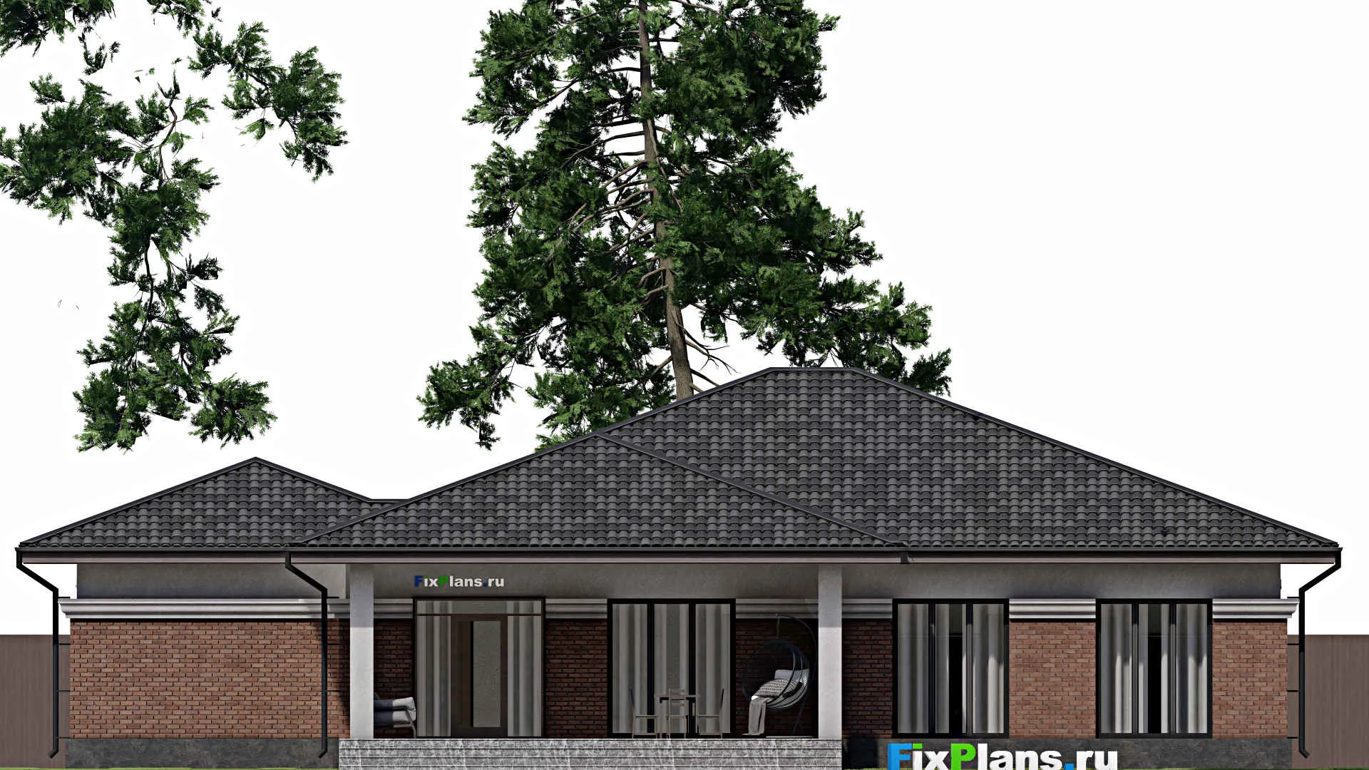 F-1808 - План одноэтажного дома 21 на 24, площадью 270 м² с террасой, гаражом на 2 машины и 4 спальнями