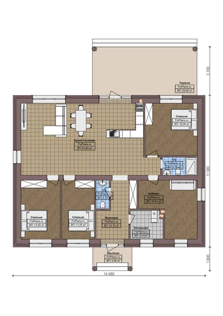 F-0701 - План одноэтажного дома 12 на 15, площадью 170 м² с террасой и 3 спальнями