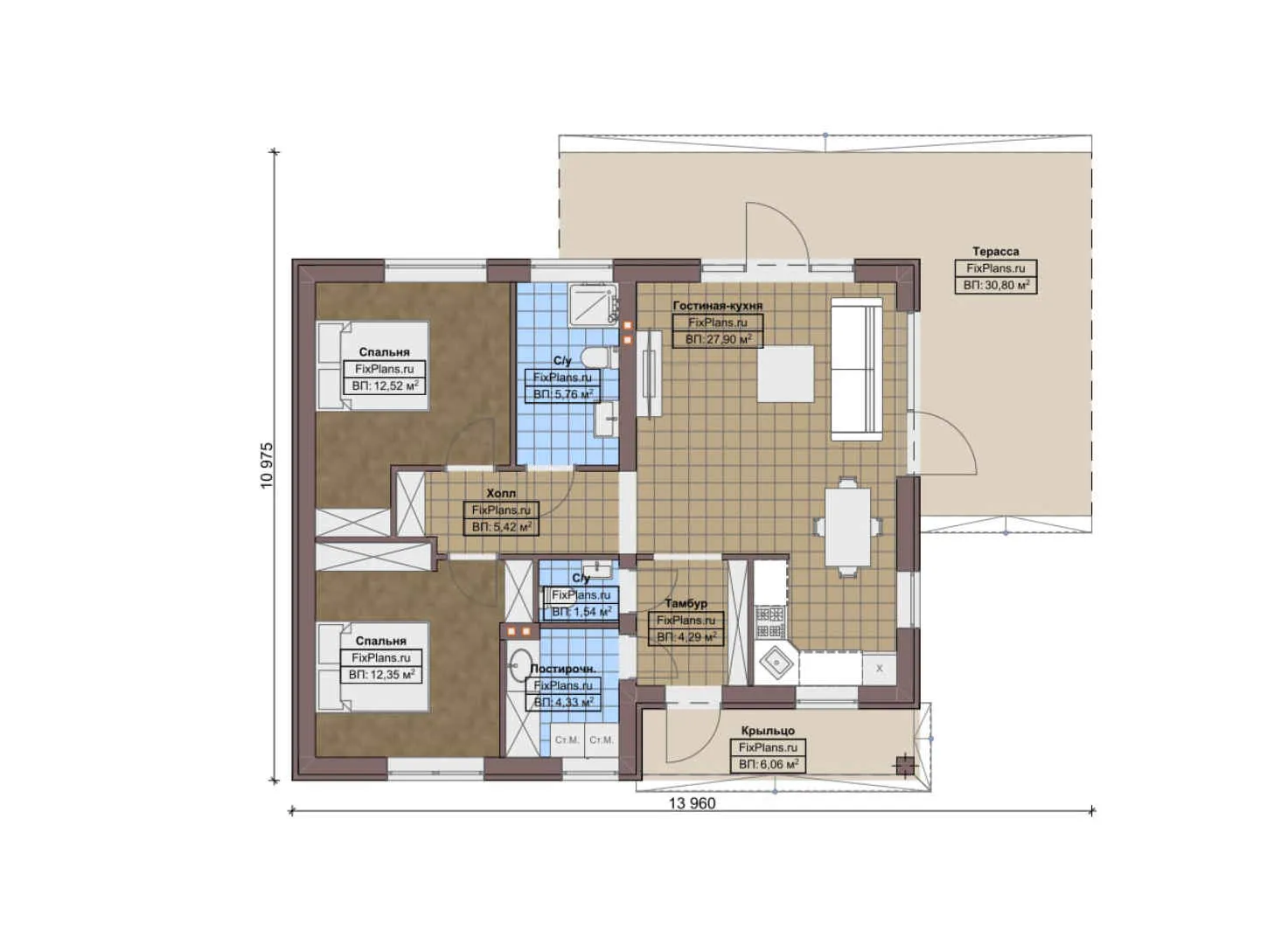 F-7064 - План одноэтажного дома 11 на 14, площадью 120 м² с террасой и 2 спальнями