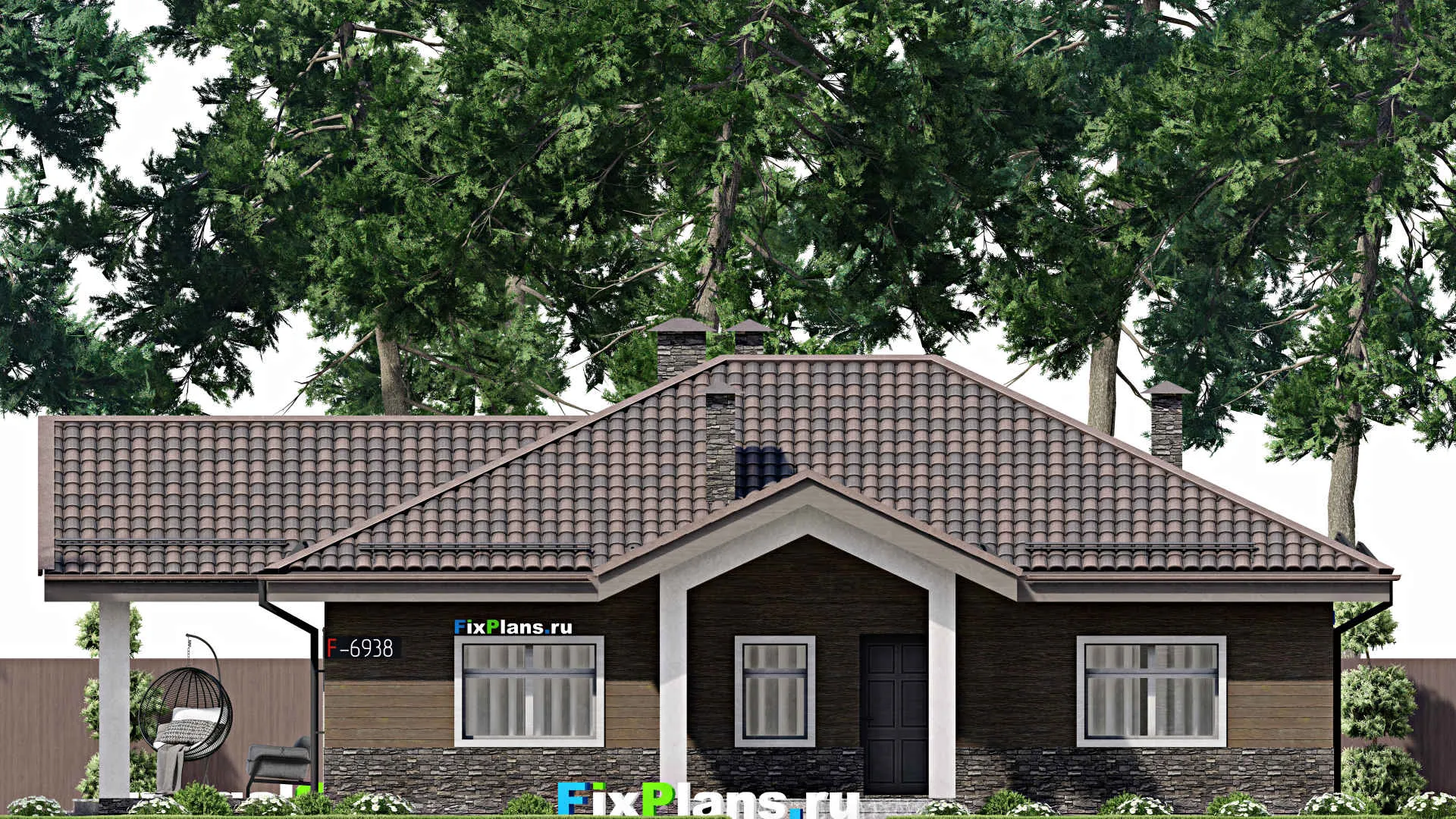 F-6938 - Проект одноэтажного дома 12 на 17, площадью 140 м² с террасой, баней и 3 спальнями