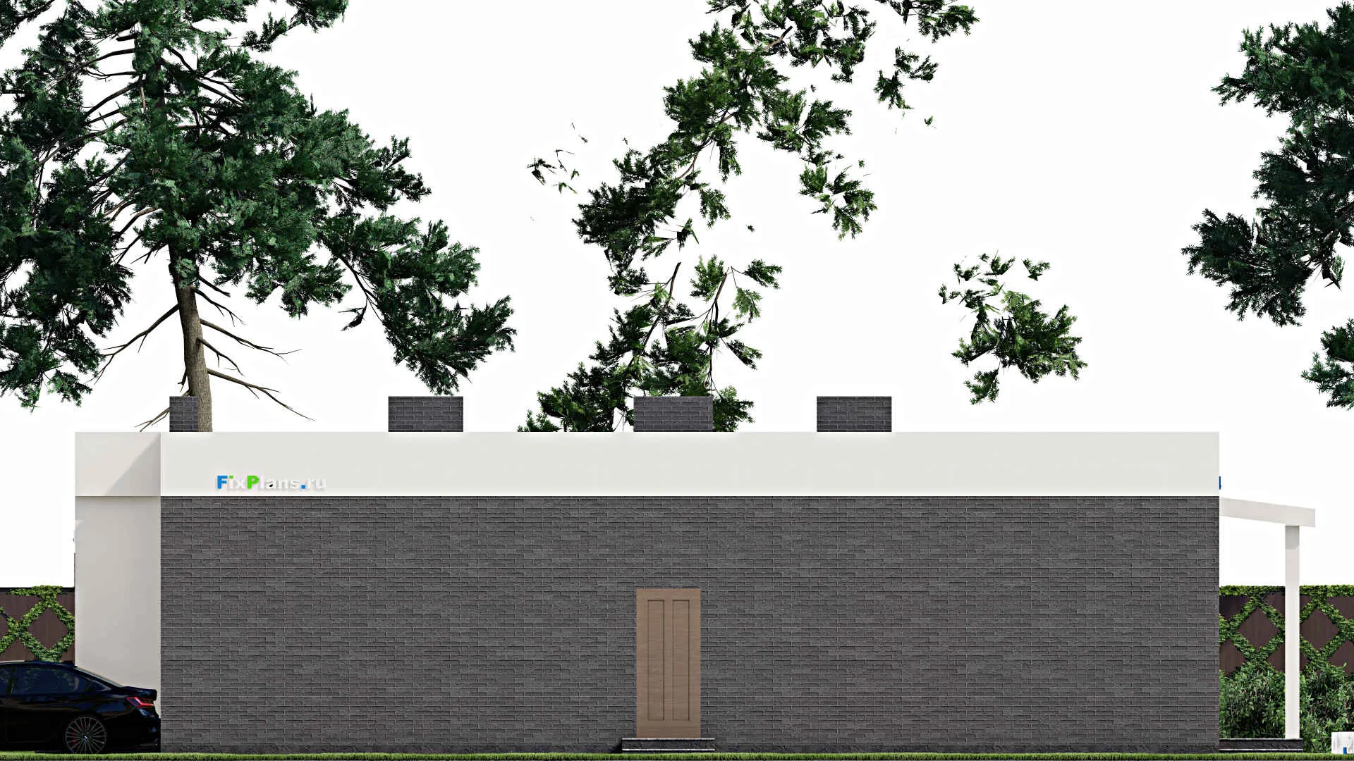 F-2888 - Проект одноэтажного дома 15 на 18, площадью 200 м² с террасой, гаражом на 1 машину и 3 спальнями