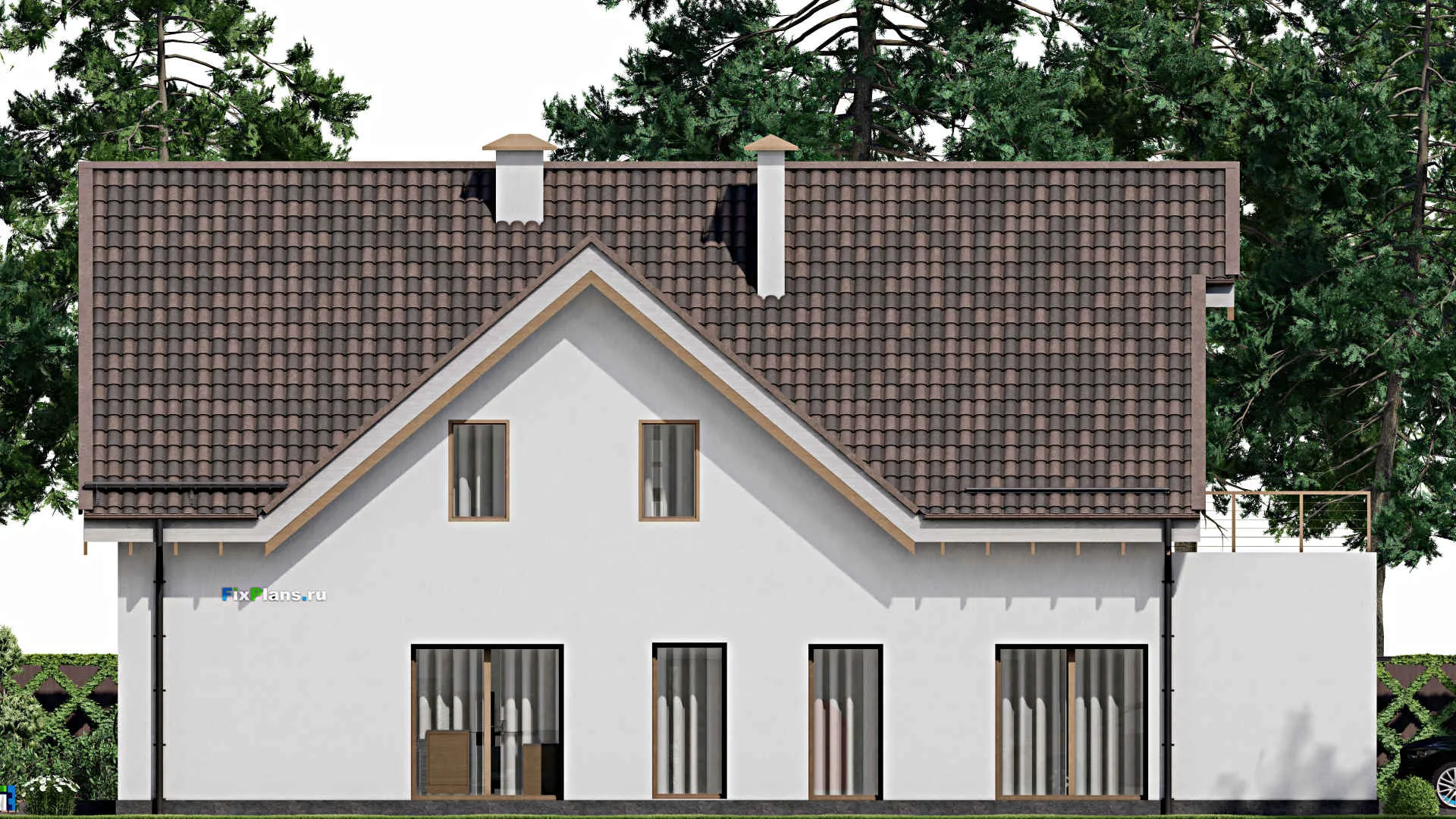 F-5732 - Проект дома с мансардой 11 на 20, площадью 240 м² с террасой, балконом, гаражом на 1 машину и 3 спальнями