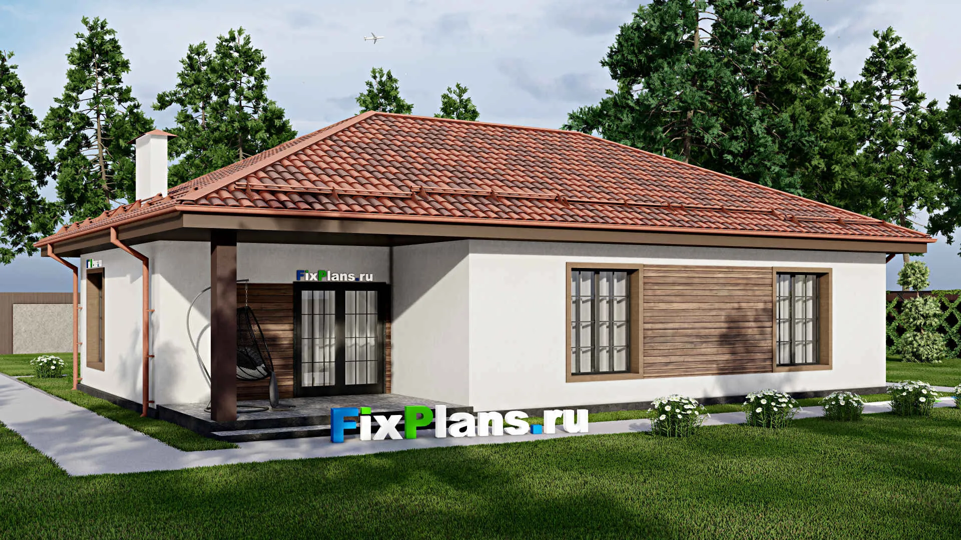 F-8432 - План одноэтажного дома 12 на 15, площадью 140 м² с террасой и 3 спальнями