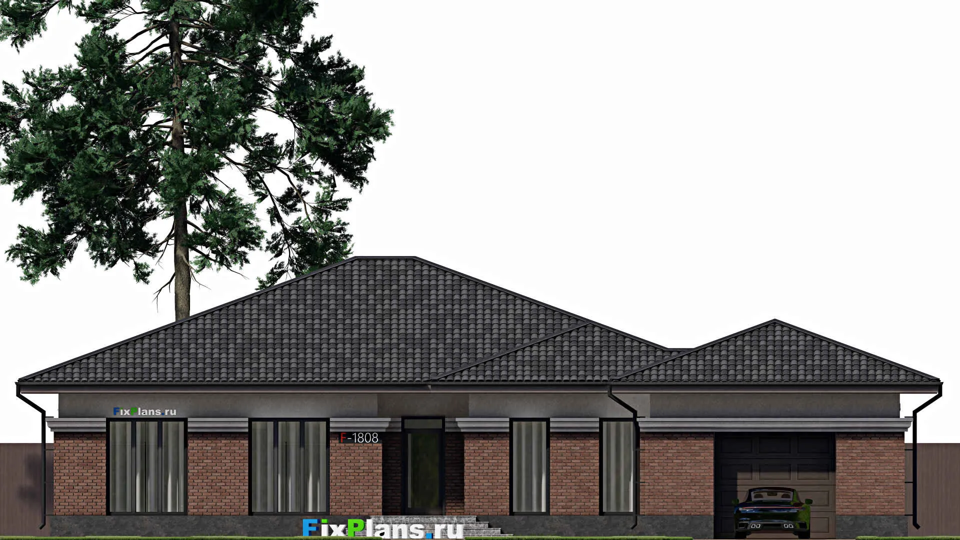 F-1808 - План одноэтажного дома 21 на 24, площадью 270 м² с террасой, гаражом на 2 машины и 4 спальнями