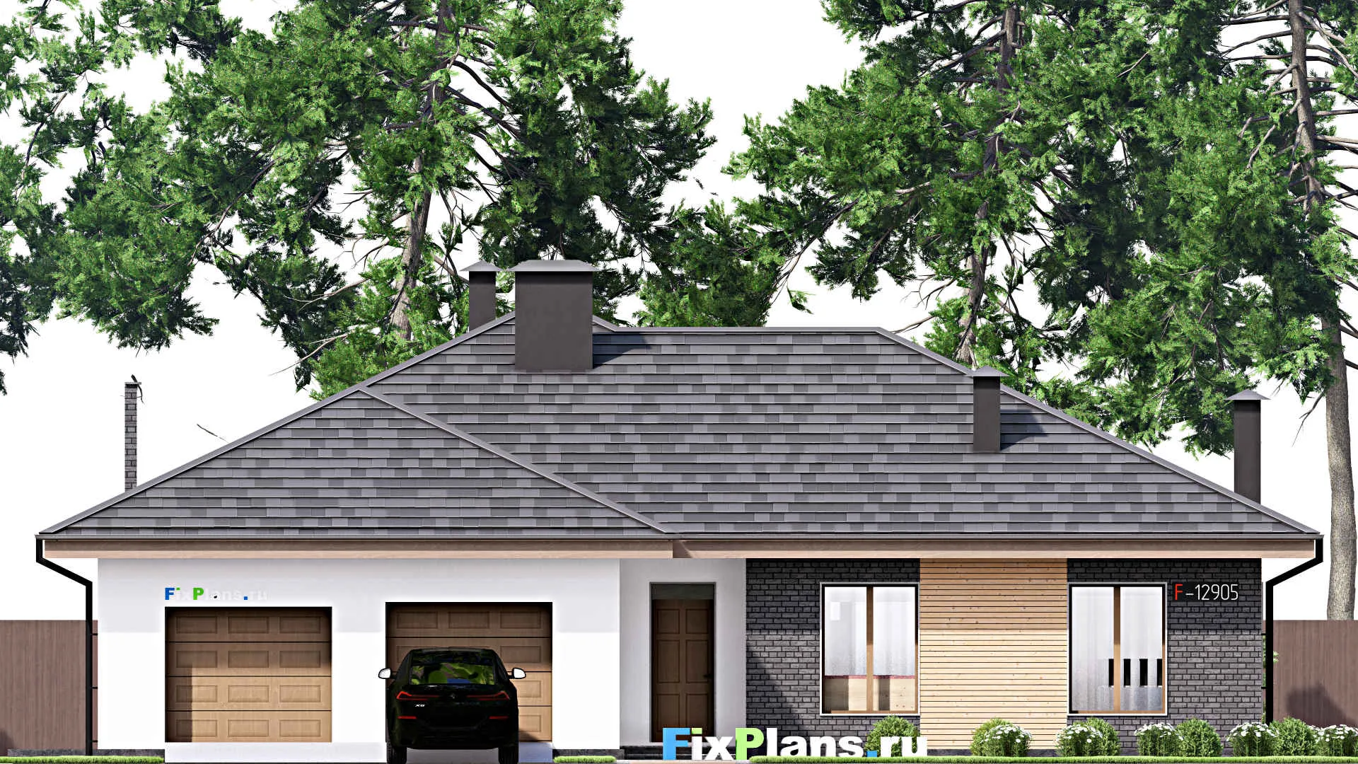 F-12905 - Проект одноэтажного дома 18 на 18, площадью 290 м² с террасой, цокольным этажом, гаражом на 2 машины и 3 спальнями