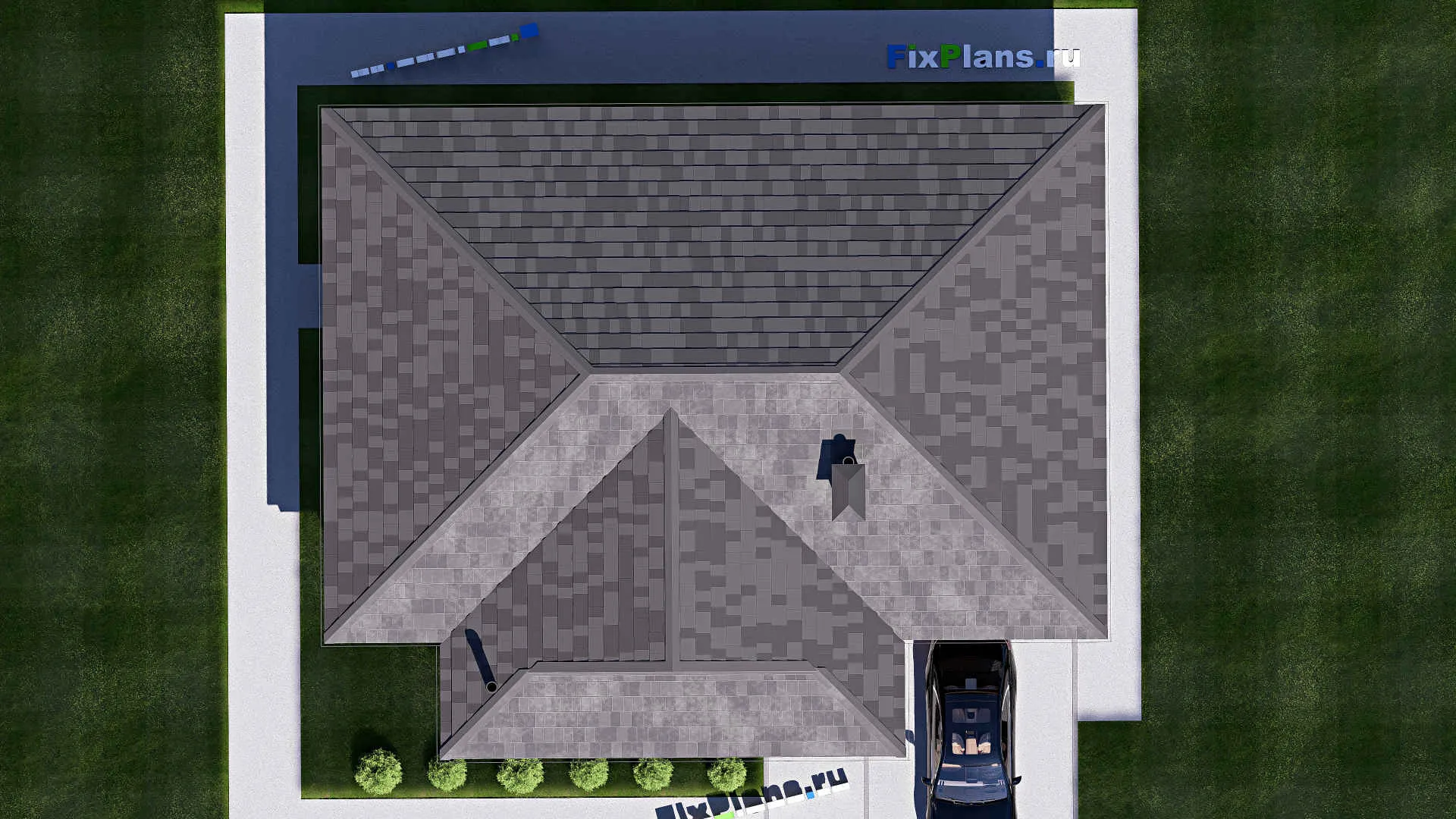 F-19187 - Проект одноэтажного дома 13 на 16, площадью 140 м² с террасой, гаражом на 2 машины и 2 спальнями