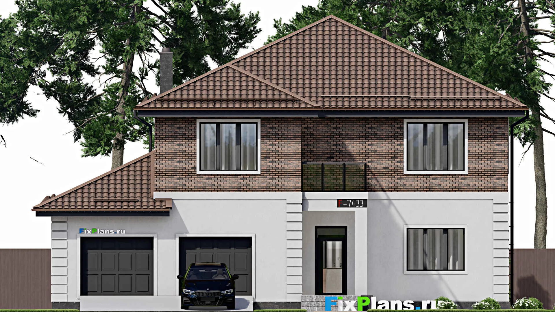 F-7433 - Проект двухэтажного дома 16 на 19, площадью 340 м² с террасой, гаражом на 2 машины и 5 спальнями