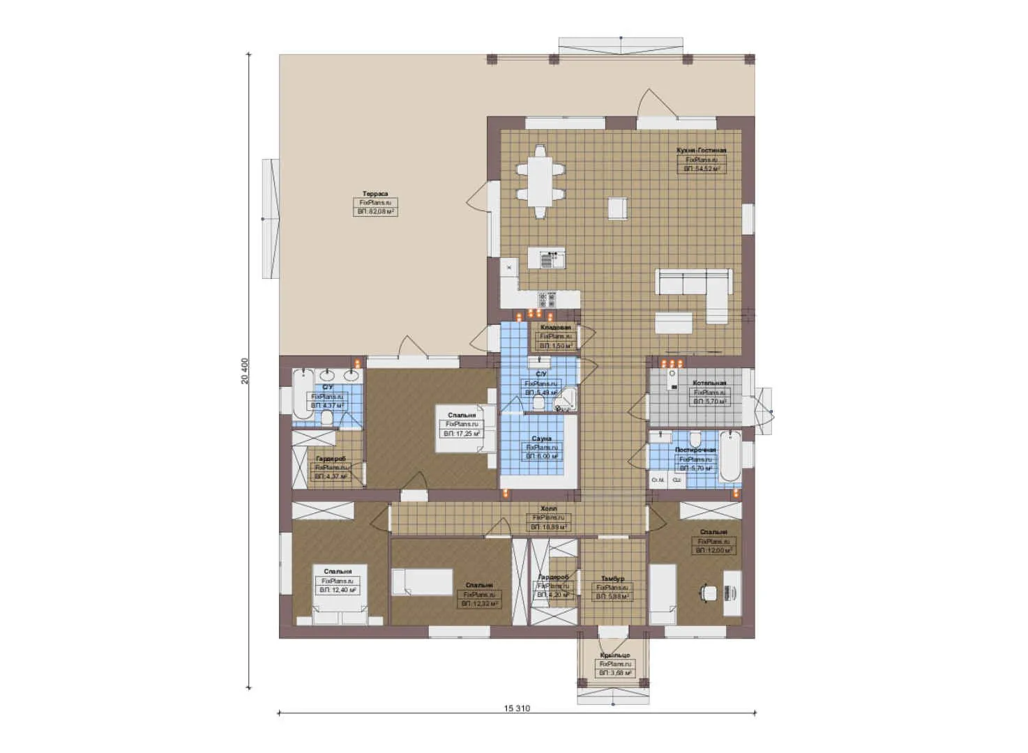 F-19259 - План одноэтажного дома 16 на 21, площадью 260 м² с террасой, баней и 4 спальнями