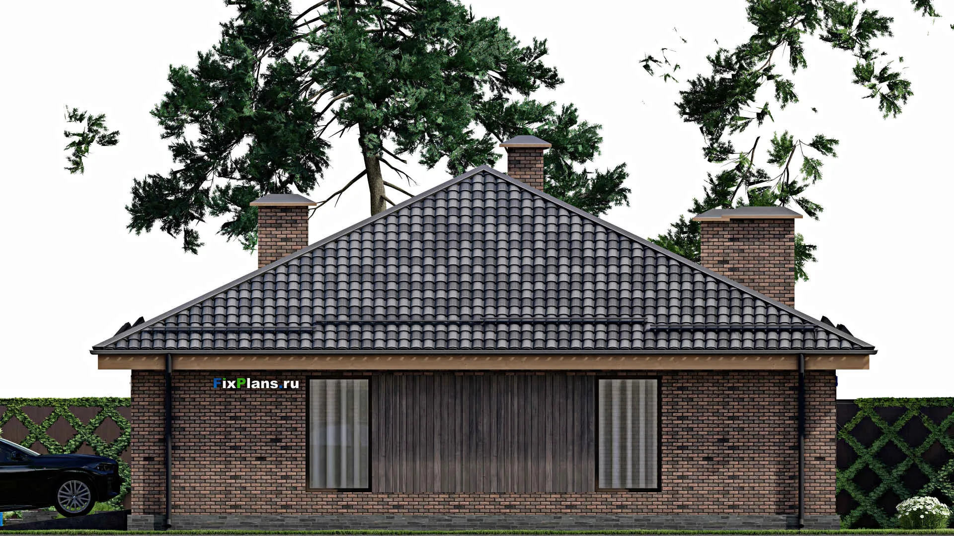 F-10781 - Проект одноэтажного дома 15 на 18, площадью 180 м² с гаражом на 2 машины и 2 спальнями