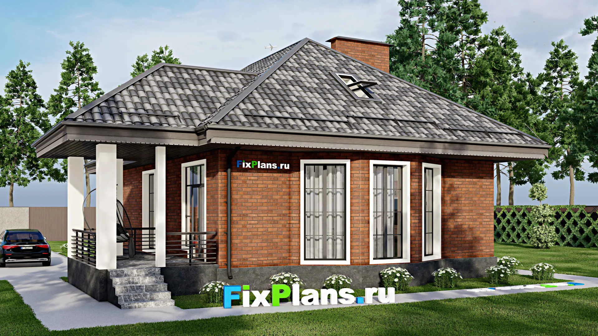 F-5255 - Проект одноэтажного дома 13 на 18, площадью 230 м² с террасой и 4 спальнями