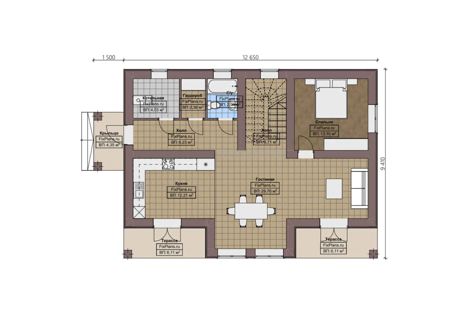 F-2051 - Планы дома с мансардой 10 на 13, площадью 170 м² с террасой и 4 спальнями