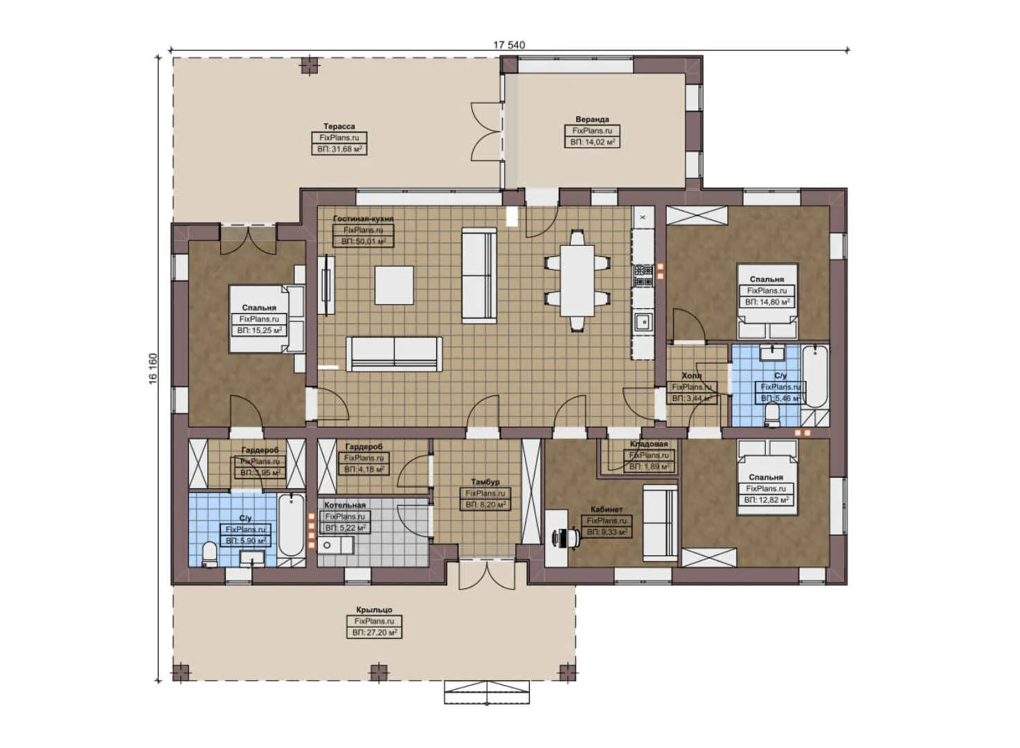 F-8927 - План одноэтажного дома 17 на 18, площадью 220 м² с террасой и 3 спальнями