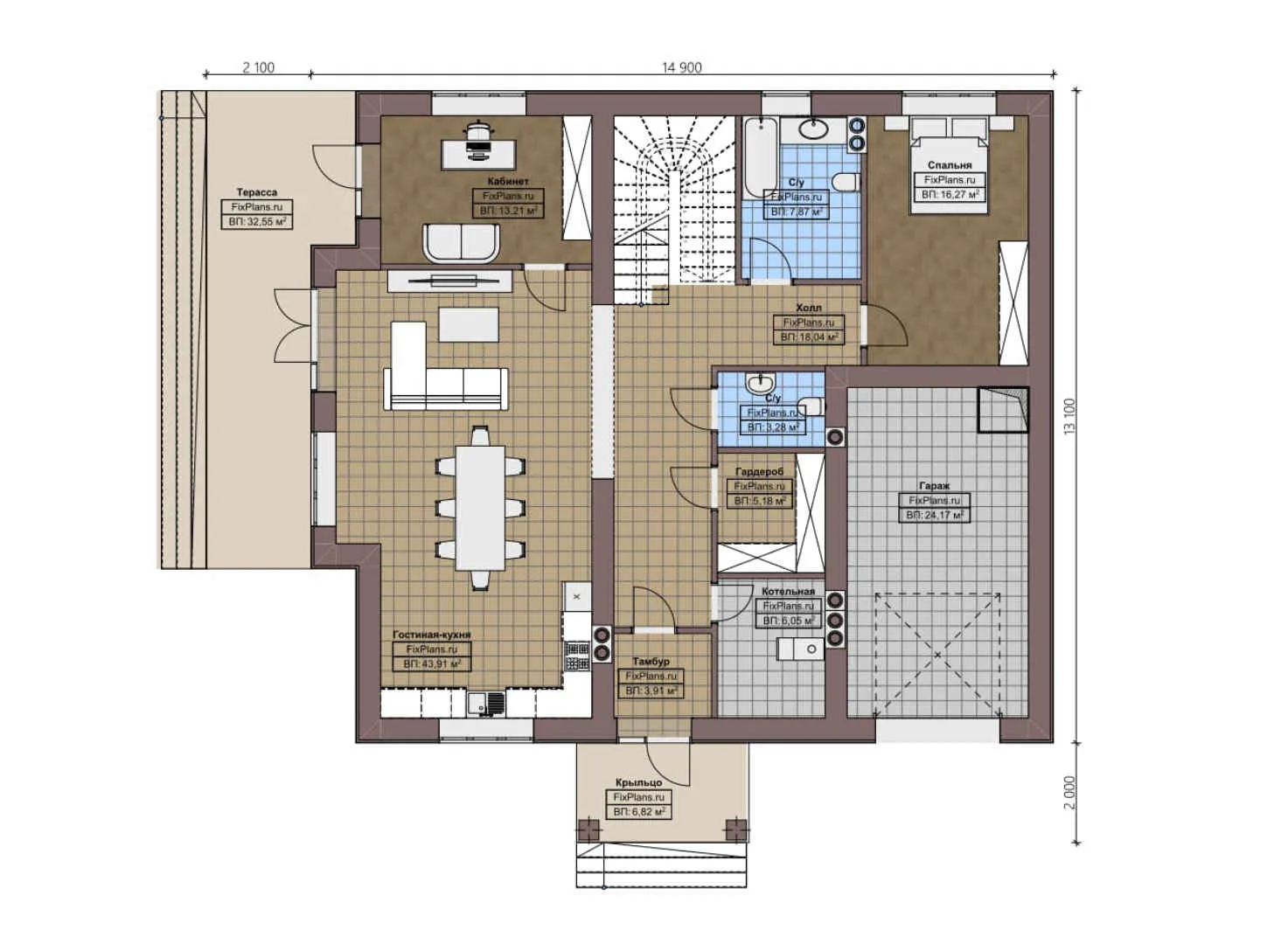 F-2537 - Планы двухэтажного дома 14 на 15, площадью 300 м² с террасой, гаражом на 1 машину и 5 спальнями