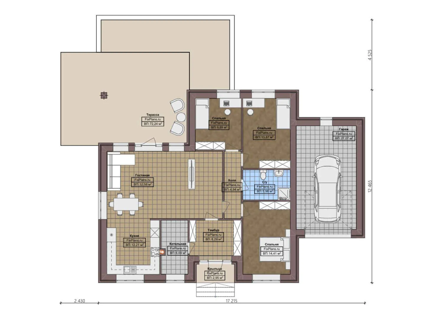 F-0350 - План одноэтажного дома 13 на 18, площадью 220 м² с террасой, гаражом на 1 машину и 3 спальнями