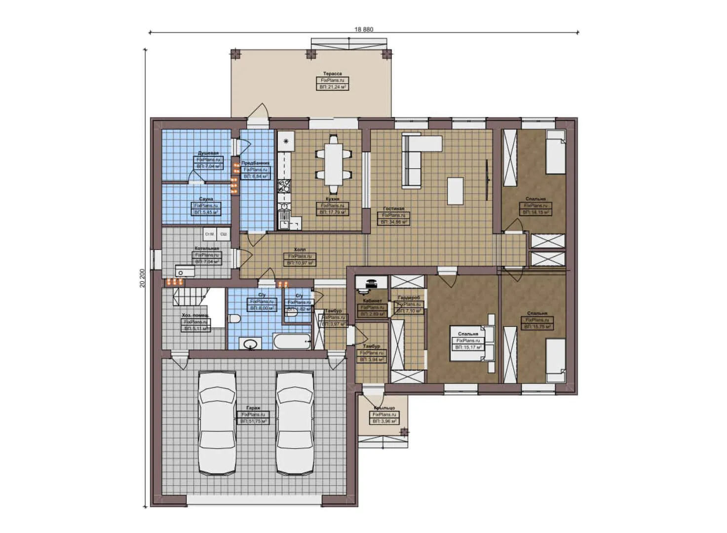 F-9863 - План одноэтажного дома 19 на 21, площадью 270 м² с террасой, цокольным этажом, баней, гаражом на 2 машины и 3 спальнями