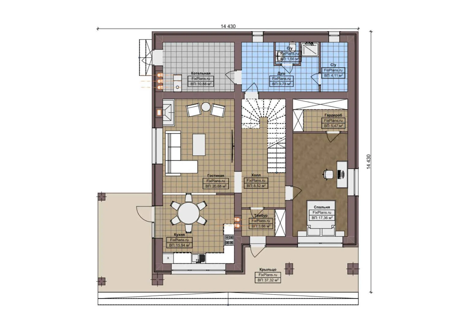 F-6704 - Планы двухэтажного дома 15 на 15, площадью 270 м² с балконом и 5 спальнями