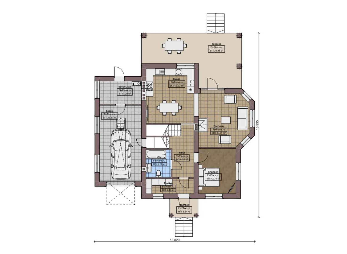 F-8783 - Планы дома с мансардой 14 на 16, площадью 250 м² с террасой, балконом, гаражом на 1 машину, спортзалом и 4 спальнями