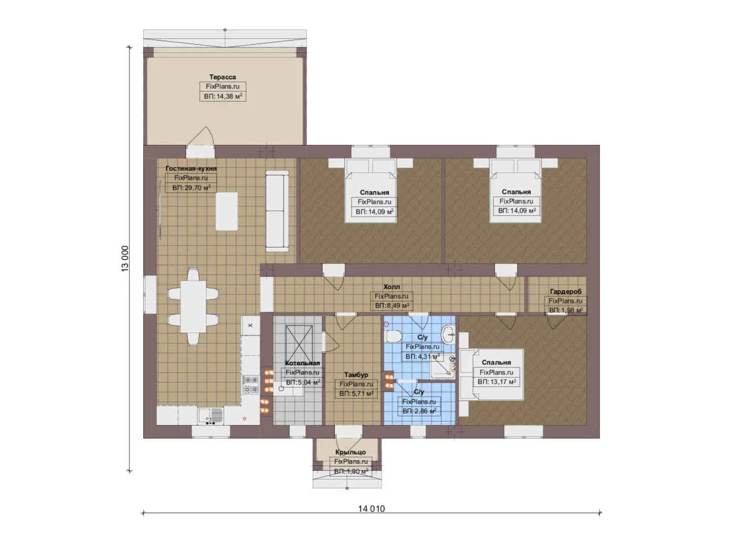 F-17369 - Планы двухэтажного дома 13 на 15, площадью 140 м² с террасой и 3 спальнями